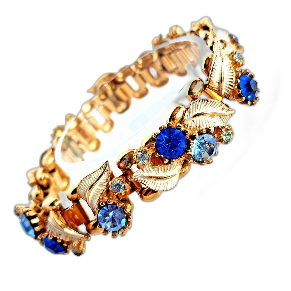 Vintage Regency Revival Blue Rhinestone Enamel Leaf Book Chain 7" Bracelet